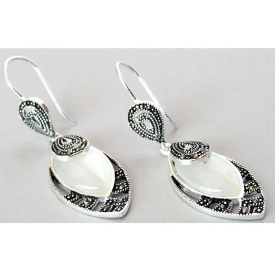 

Pretty Vintage Opals Inlay Marcasite 925 Silver Hooks Earrings 21/5"