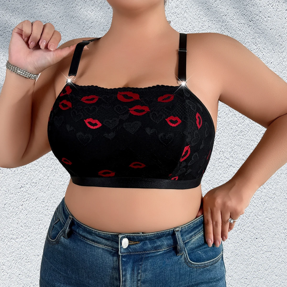 ks 1XL-4XL Plus Size Sexy Dámské Podprsenky Červené Rty Tisk Bez Vycpávky Dámské Spodní Prádlo Nastavitelný Ramenní Popruh Bez Kostic Sexy Lístek - náhled 3