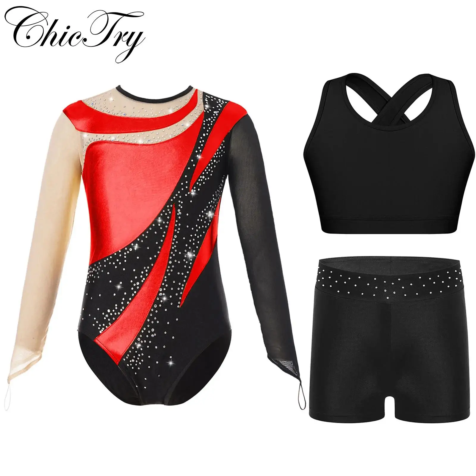 

Kids Girls Sports Sets Sleeveless Crop Top with Leotard and Shorts for Ballet Dance Gymnastics Performance Workout Yoga Fitness