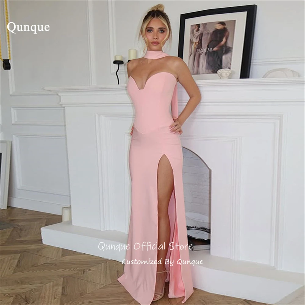 

Qunque Pink Satin High Slit Evening Dresses Elegant Sweetheart Robes De Soirée Mermaid Maxi Robe Soirée Luxe 2026 Customized