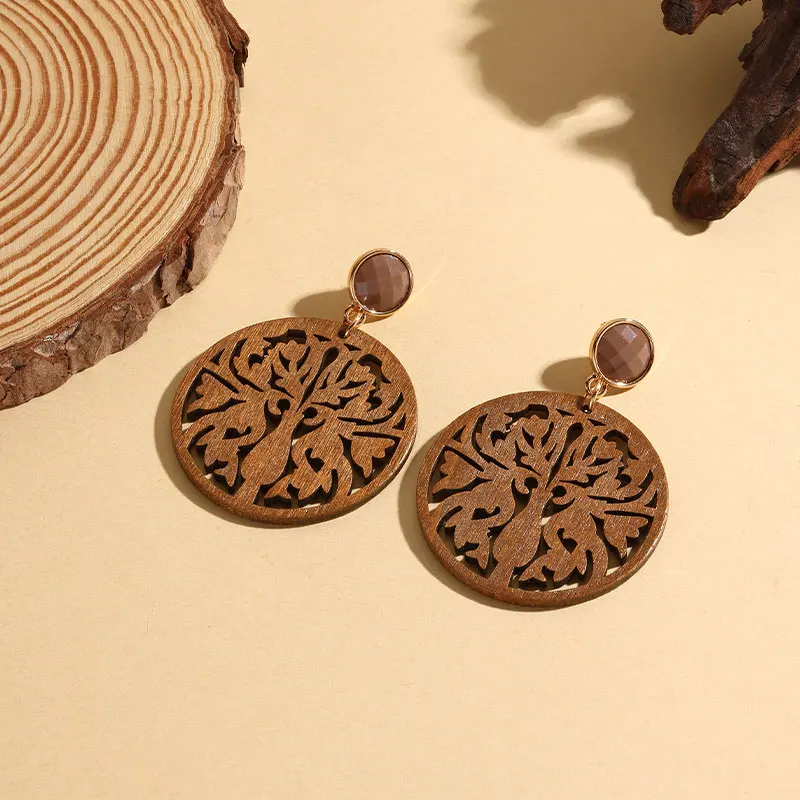 New Vintage Ethnic Bohemia Big Wooden Dangle Earrings For Women Long Geometric Round Drop Earring Retro Boho Accessories Gifts