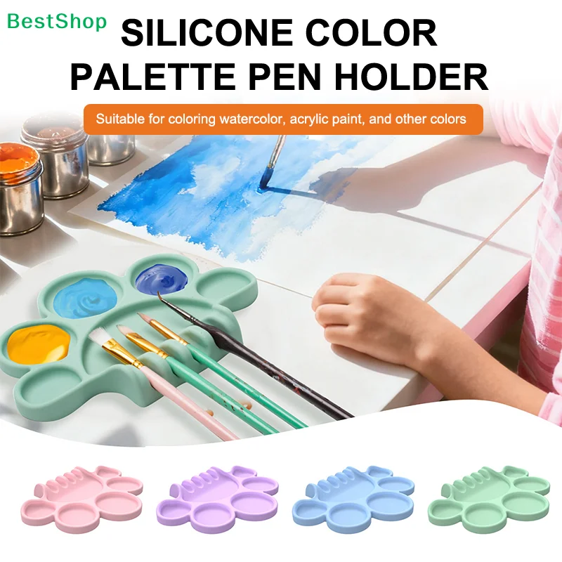 Paw Print Silicone Paint Palette with Brush Holder - Non-Stick Art Palette for Watercolor & Acrylic