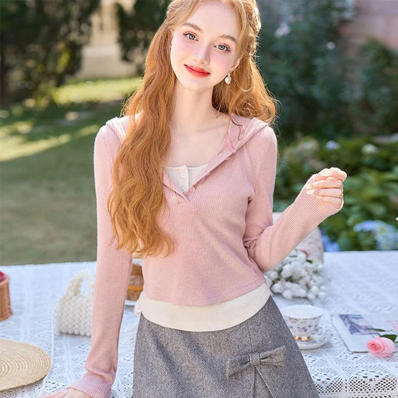 Fashionable Pink Long Sleeve Hoodie Fake Two-Piece T-Shirt Women's plus Size High-End Feelings Commute Style Regular Length