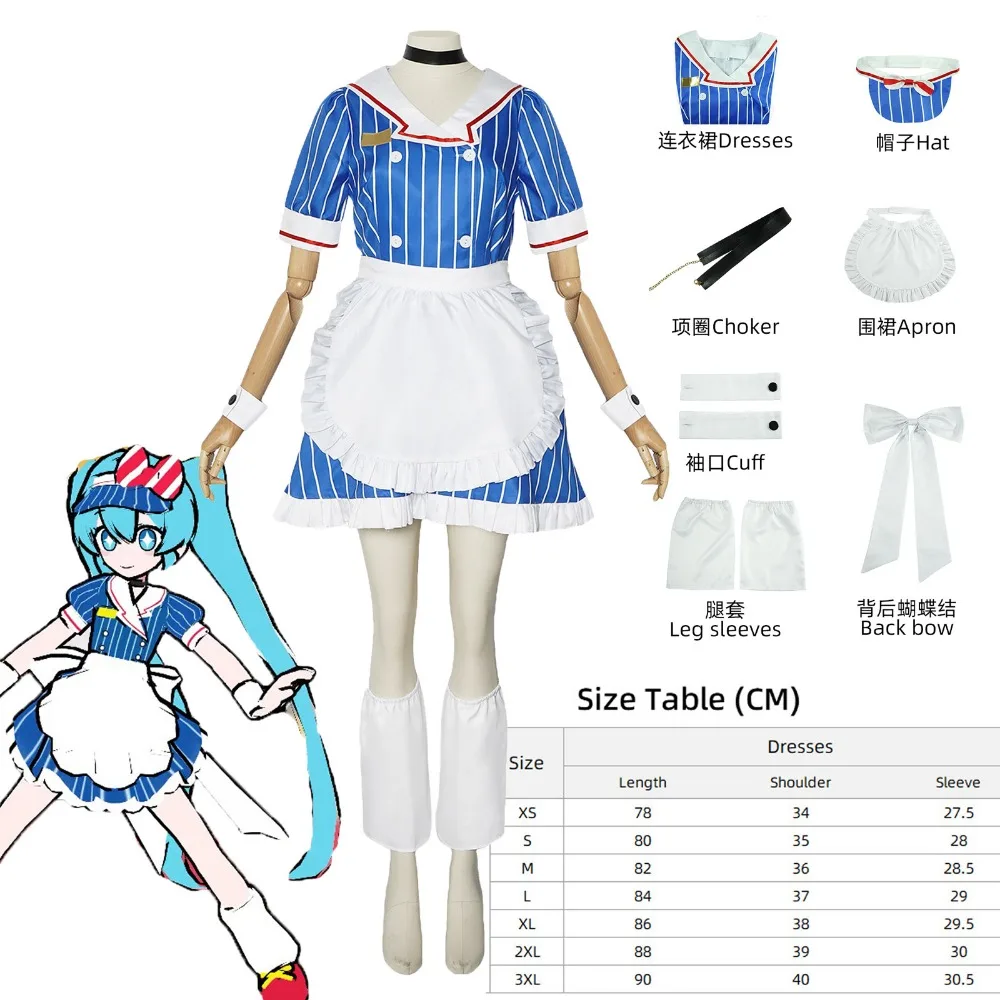 Costume de cosplay Miku pour femme, robe rayée bleue, chapeau, tablier, tenue de demoiselle d'honneur, costume de performance fantaisie pour Halloween, carnaval et fête