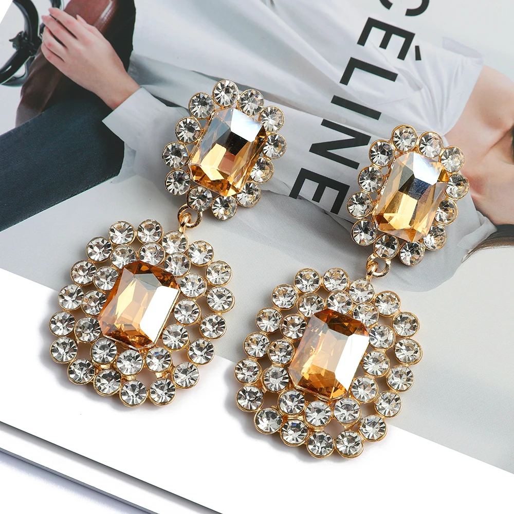 Teardrop Shiny Glass Vintage Luxury Quality Big Dangle Drop Earrings For Women Trendy Chandelier Charm Prom Party Jewelry Gift