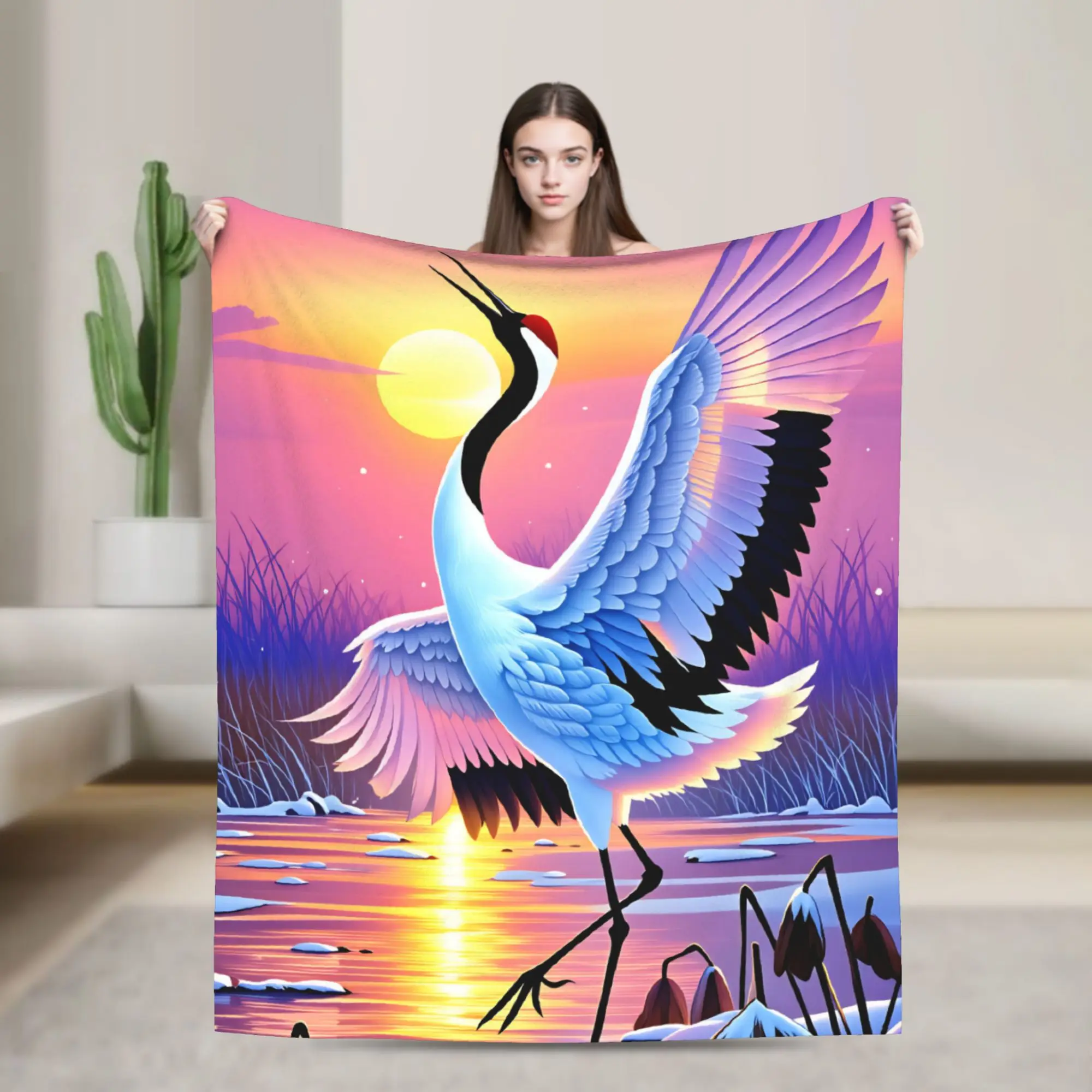 Chinese Style Crane Plush Blanket Boy Girl  Flannel Throw Blanket For Couch Chair Sofa Bed Super Soft Custom Quality Bedspread