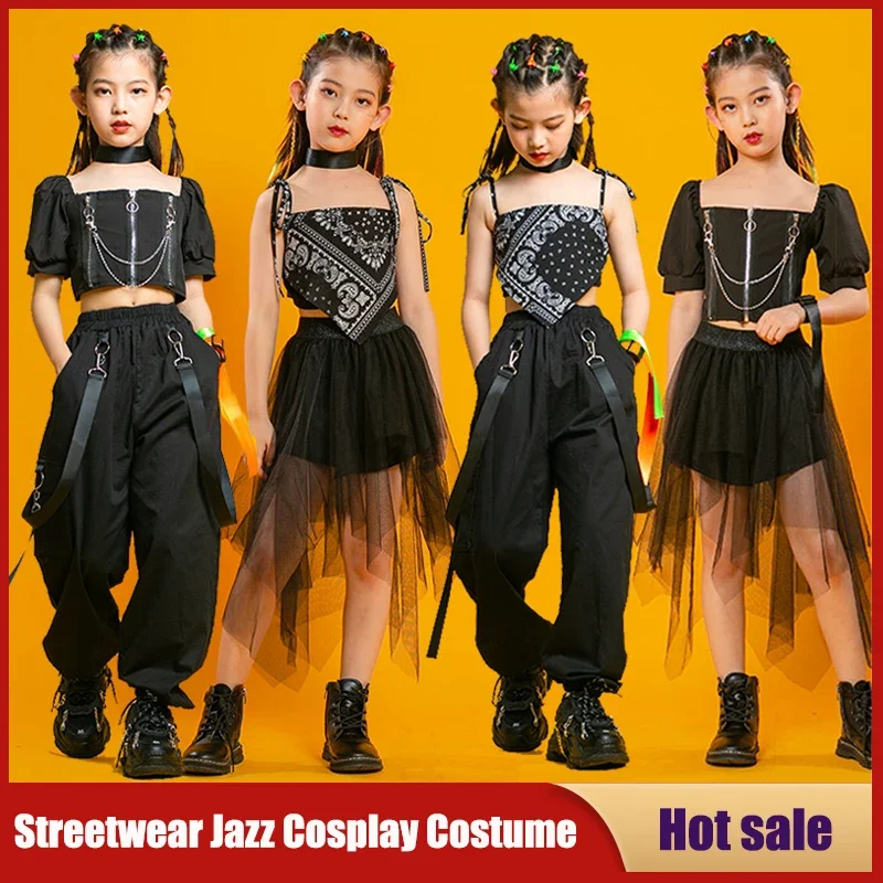 Kids Punk Streetwear Jazz Costume Girls Hip Hop Clothing Crop Top Cargo Pants Neck Mesh Skirt Sets Teenage Street Dance Clothes