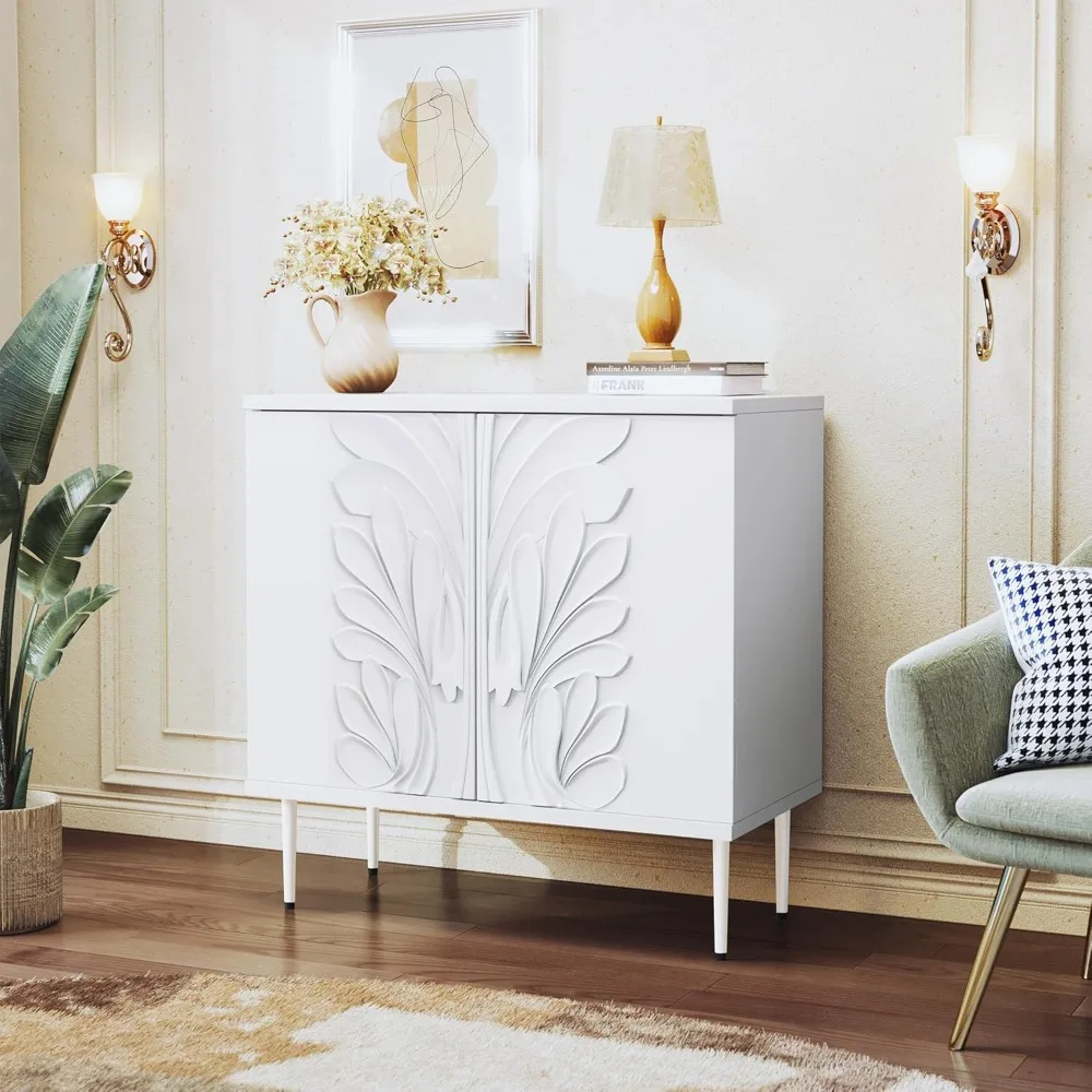 

Sideboard Buffet Cabinet with 3D Flower Pattern, Accent Cabinet with 2 Doors & Adjustable Shelves, Wood Decorative Credenza with
