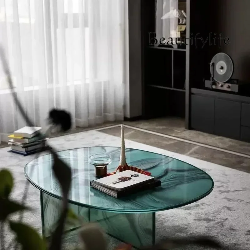 33 Italian glass coffee table living room bedroom side table simple oval stripe art creative coffee table
