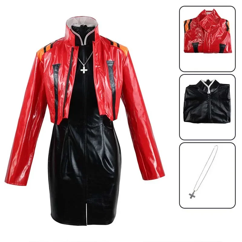 Katsuragi Misato Cosplay Costume Set PU Leather Red Jacket Dress & Necklace Anime Uniform for Halloween Comic Con*.1