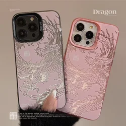 Pink relif 3D dragon happy new year phone case back cover for iphone 15 pro max 11 12 13 14 promax plus cartoon capa