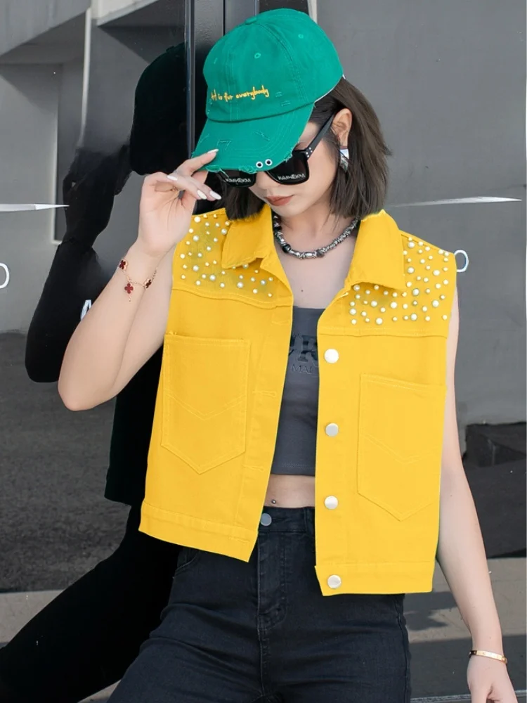 Wiosenno-jesienna koreańska, swobodna, wytrzymała kamizelka dżinsowa z ozdobnymi serduszkami, top damski, zdobiona diamentami.