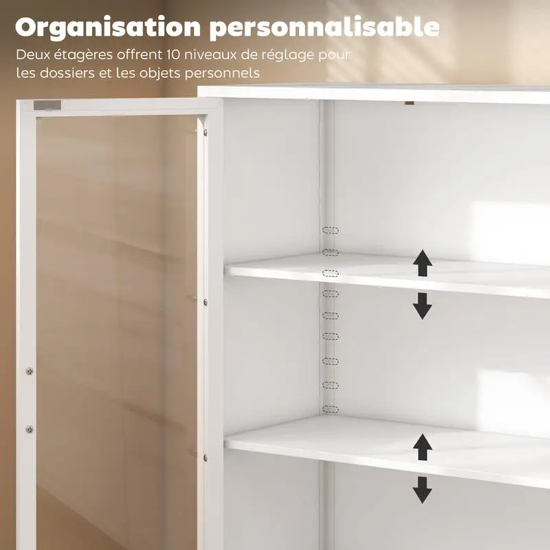 Armoire de bureau avec 2 portes en verre, 2 étagères réglables, meuble de rangement de bureau en acier, 80x40x110cm, blanc