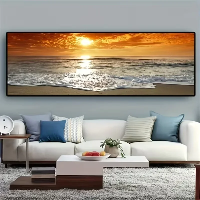 Vibrant Sunset Beach Landscape Canvas Painting - Panoramic Scandinavian Wall Art for Living Room, Frameless, Serene Coastal D