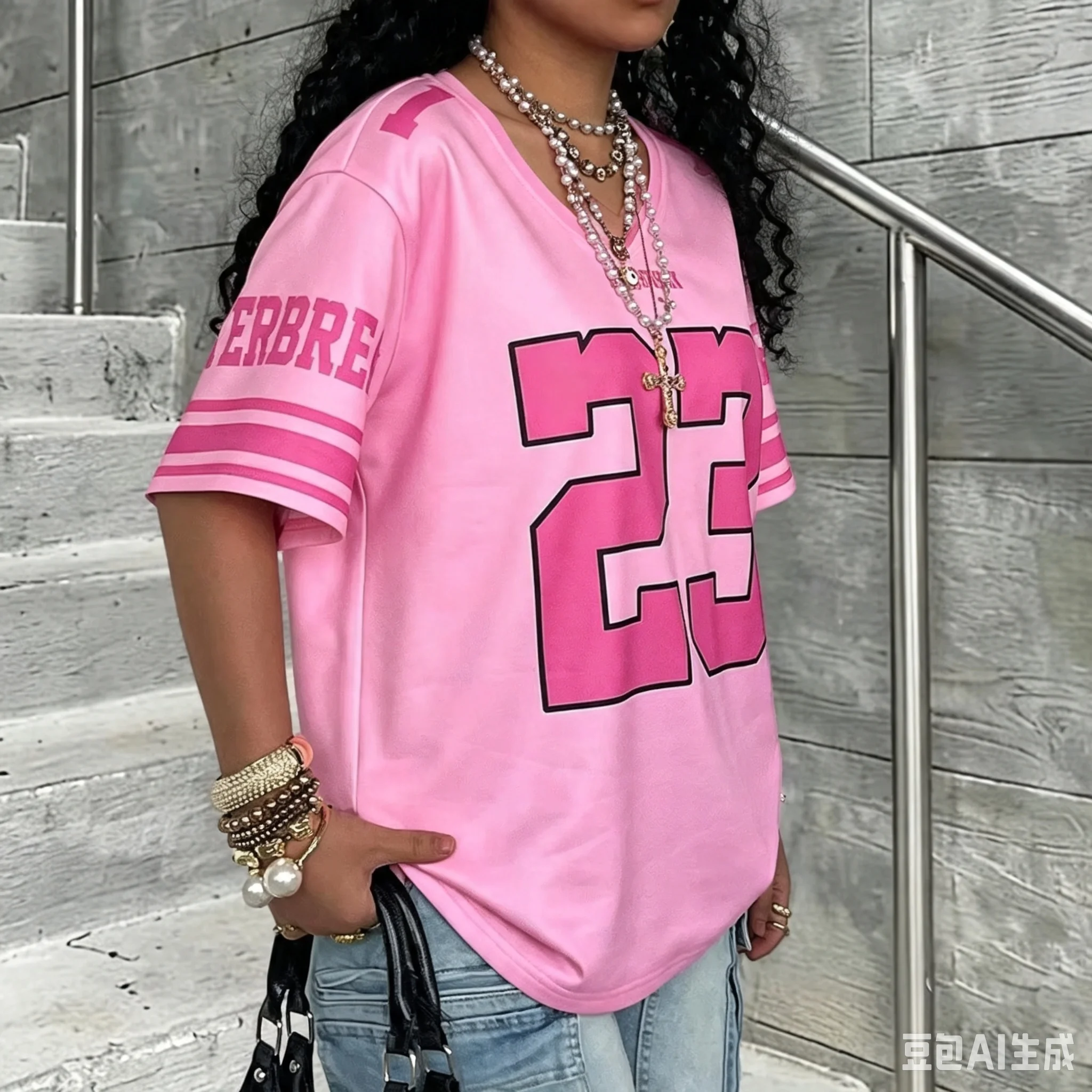 Damen Übergroßes Rosa 23 Nummer Bedrucktes Basketball-Trikot Vintage Kurzarm Streetwear Shirt Y2K Hip Hop Unisex Sport-T-Shirt Tops – Detail 4
