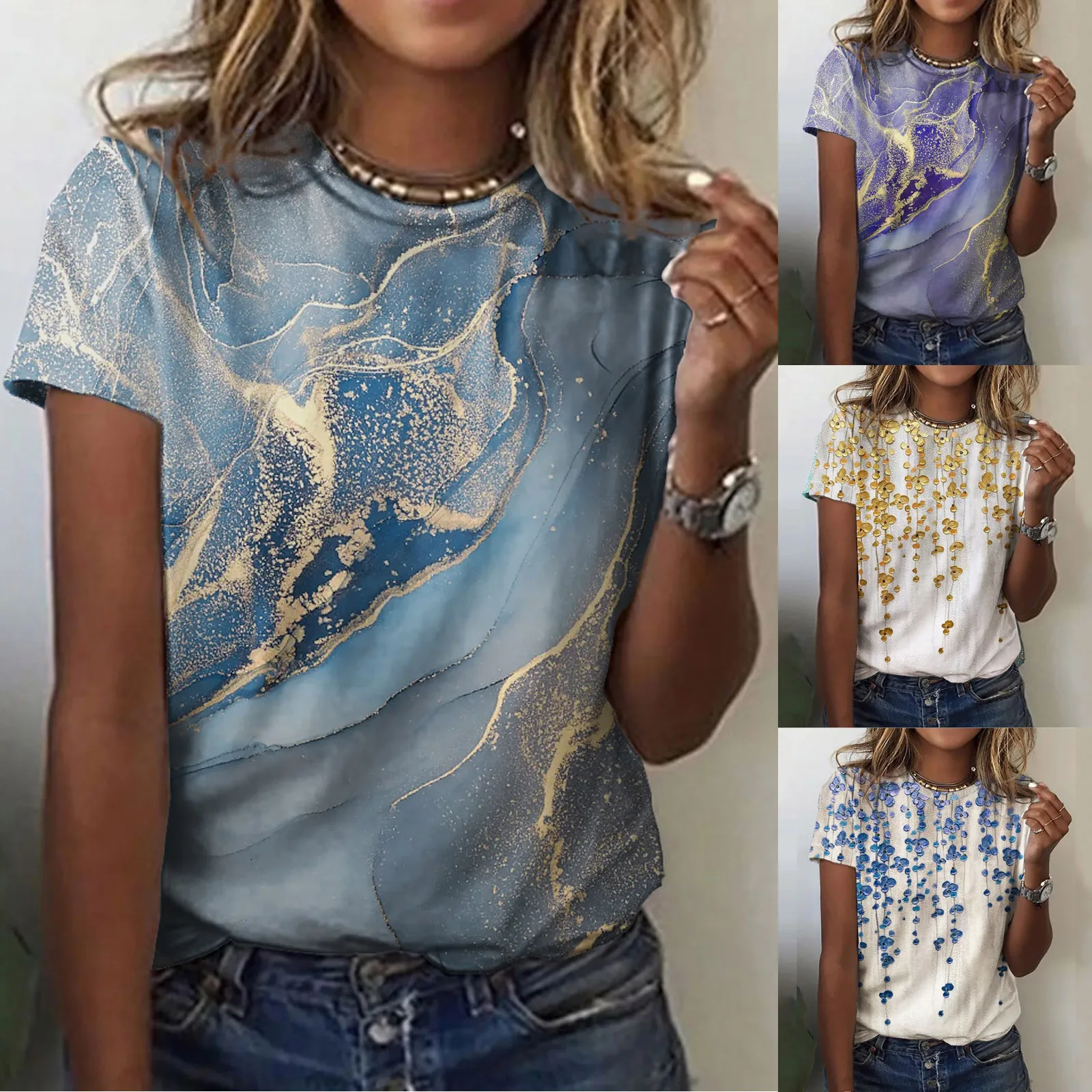 

Daily Summer Water Color Print Blouses O Neck Tops Short Sleeve Tops Women Dressy Casual Ladies Shirts Blusas Workout Holiday