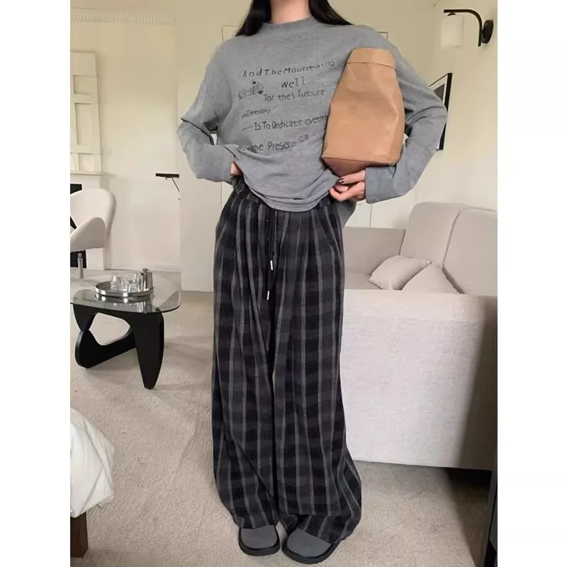 

Deeptown Woolen Vintage Plaid Pants Women Winter Harajuku Oversized Wide Leg Korean Fashion Thick Check Trousers Streetwear New