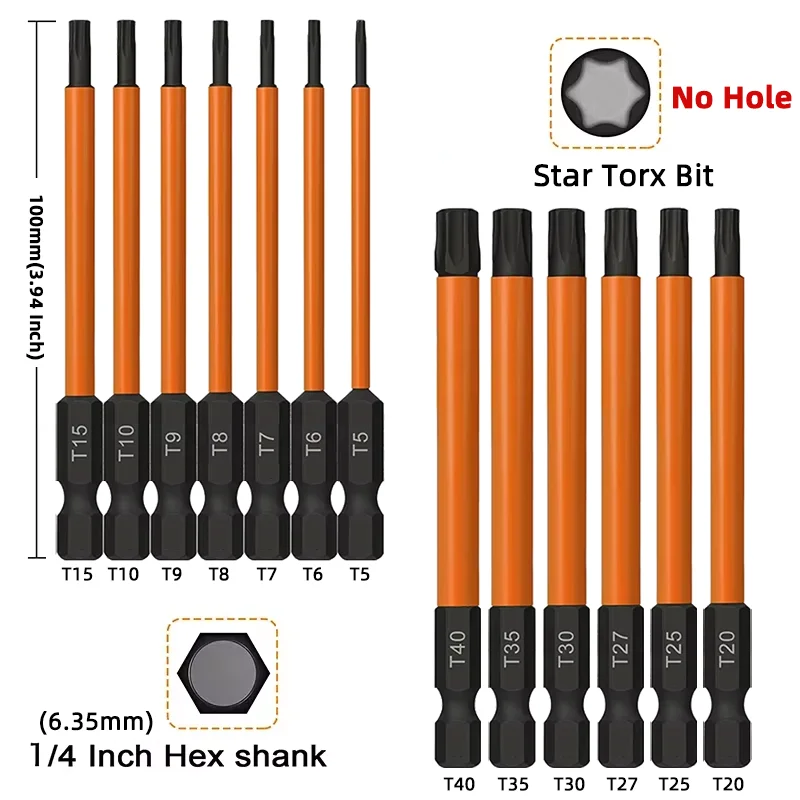 13Pcs 100mm Torx Bit Set Torx Star Bits 1/4 Inch Hex Shank Tamper Resistant Screwdriver Bit with Magnetic Tip