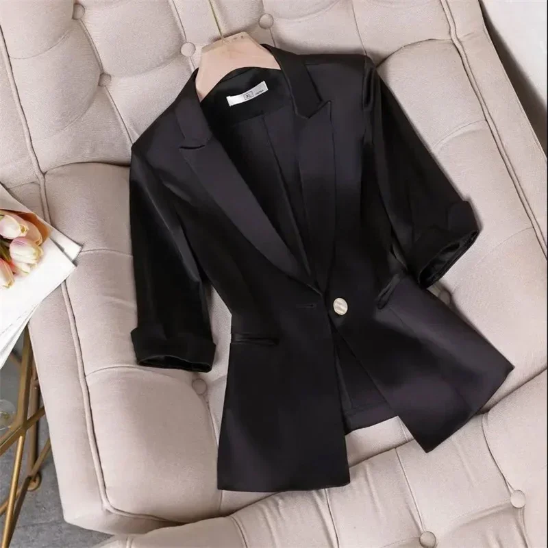 Stretch Satin Slim Waist Joker Blazer Women Summer Net Red Slim Cropped Sleeve Professional Pure Colour Suit Jacket V806