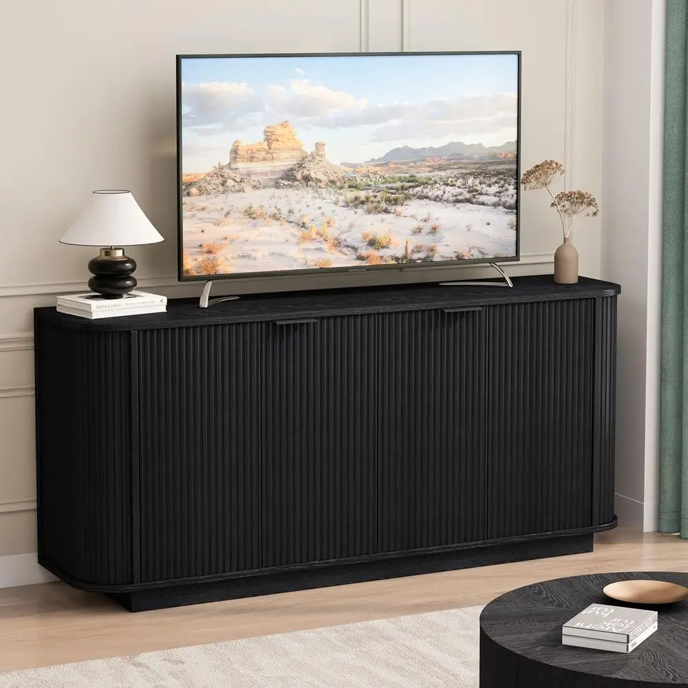 

63-дюймовый L-образный шкаф-буфет с местом для хранения и регулируемыми полками для гостиной (черный)