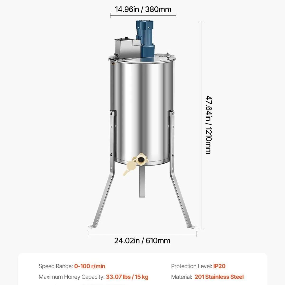 Electric Stainless Steel Honey Extractor 3 Frames Separation Machine with Honey Gate Valve Beekeeping Tool