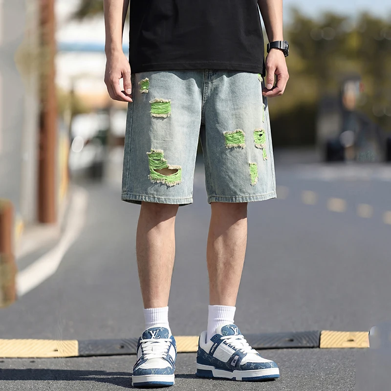 

Men's Colorful Lined Ripped Denim Shorts Contrast Color Distressed Jorts, Baggy Vintage Washed Bermuda Shorts Knee-Length Shorts
