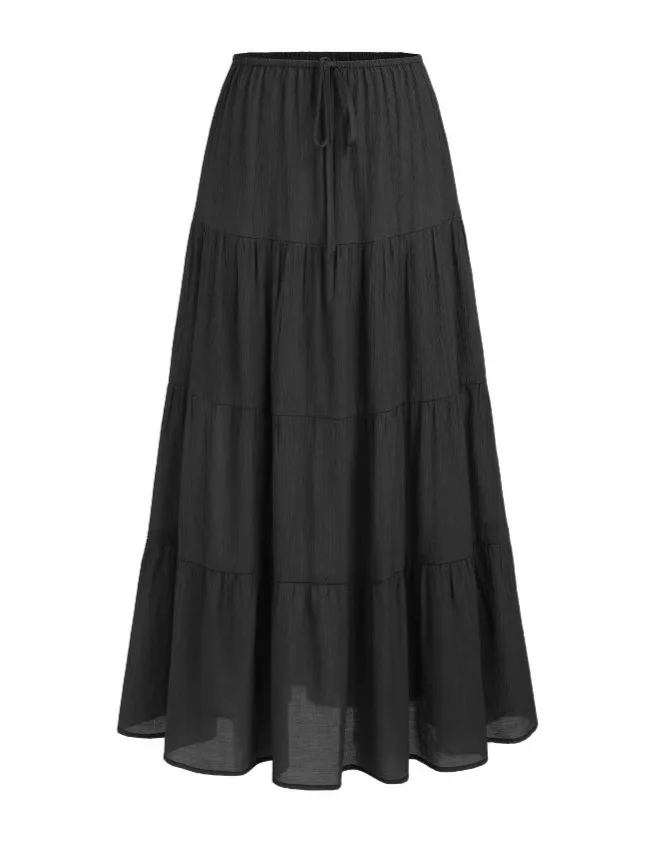 하이웨이스트 루즈핏 밴딩 플리츠 롱 스커트 여성용 A라인 드레스 스타일 벨티드 스커트