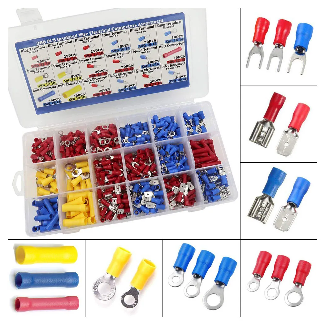 300 قطعة من الموصلات الكهربائية ذات الأسلاك المعزولة - المؤخرة، الدائري، المجرف، قطع الاتصال السريع - مجموعة متنوعة من موصلات أطراف التجعيد #1