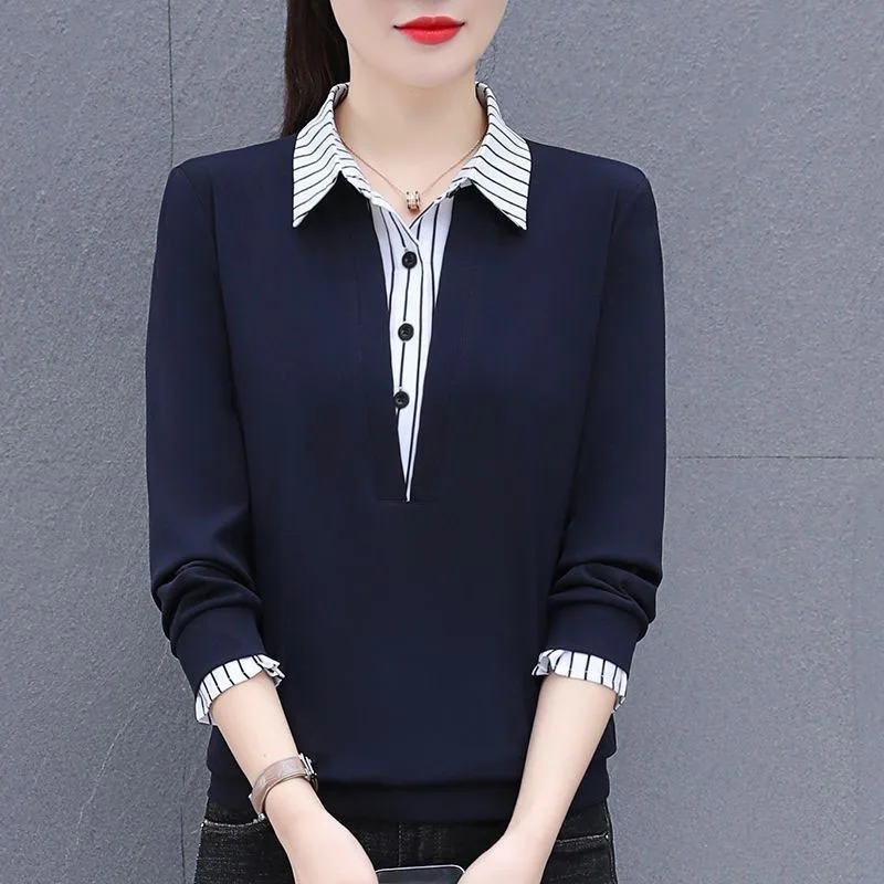 2024 Women\'s New Spring Autumn Korean Version Polo-Neck Button Spliced Fashion Loose Casual Long Sleeve Fake Two Shirts Tops