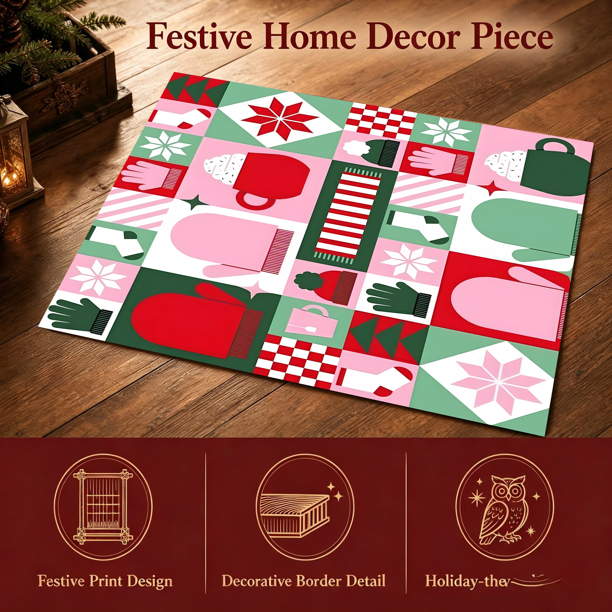 Velvet Rug Christmas Snowflake Glove Plaid Patchwork Sweet Childlike Style for Entryway Bedroom Bedside Living Room