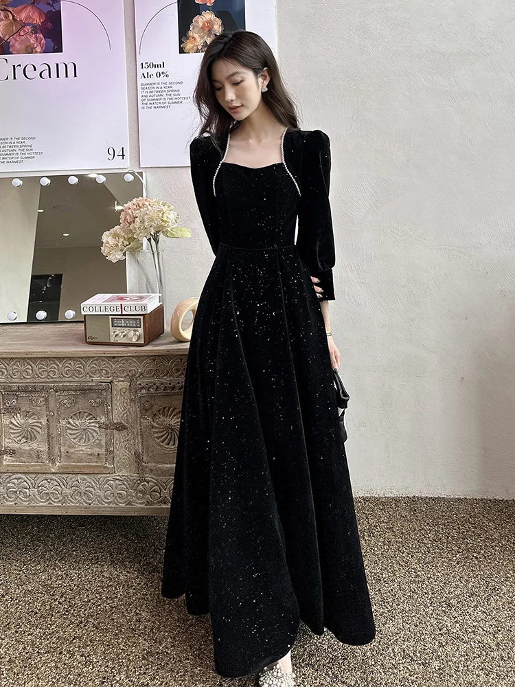 

Ele Bla Evening Gown Long Sve Women's Host Dr for Banquet Par High-End Aosphere Luxury mat Sle