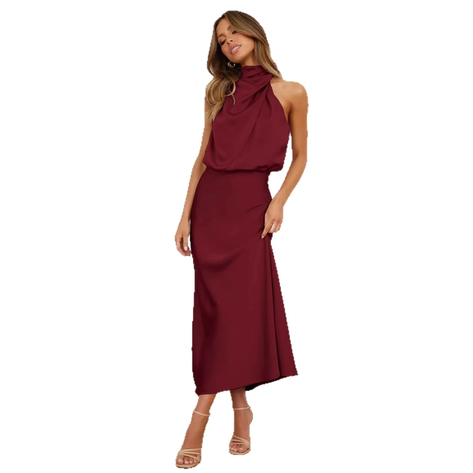 Women's Elegant Satin Sleeveless Turtleneck High Waist A-line Midi Dress for Wedding Guest Summer Party Prom Wedding Party