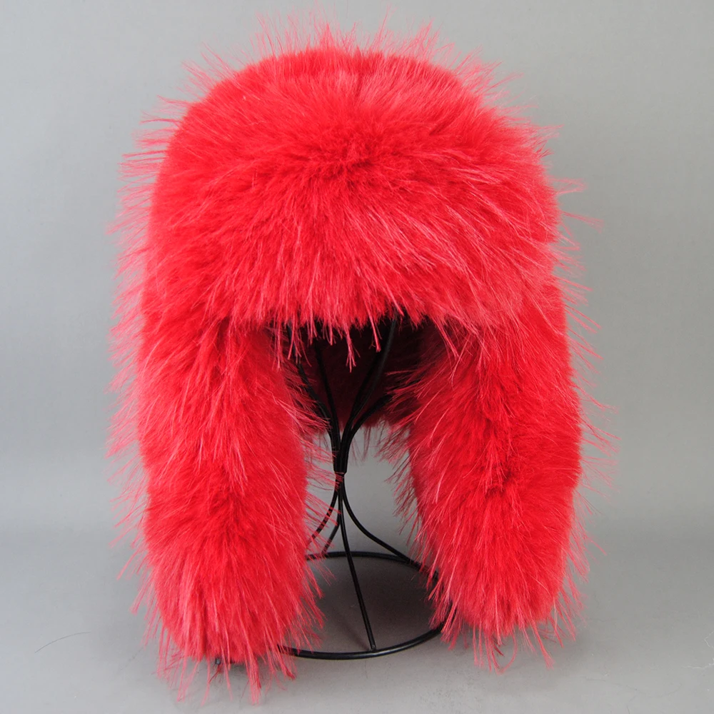 Fashion Fluffy Popular Russian Female Round Cap Faux Fur Hats Winter Hats For Women Faux Raccoon Fur Beanies Faxu Fox Bomber Hat