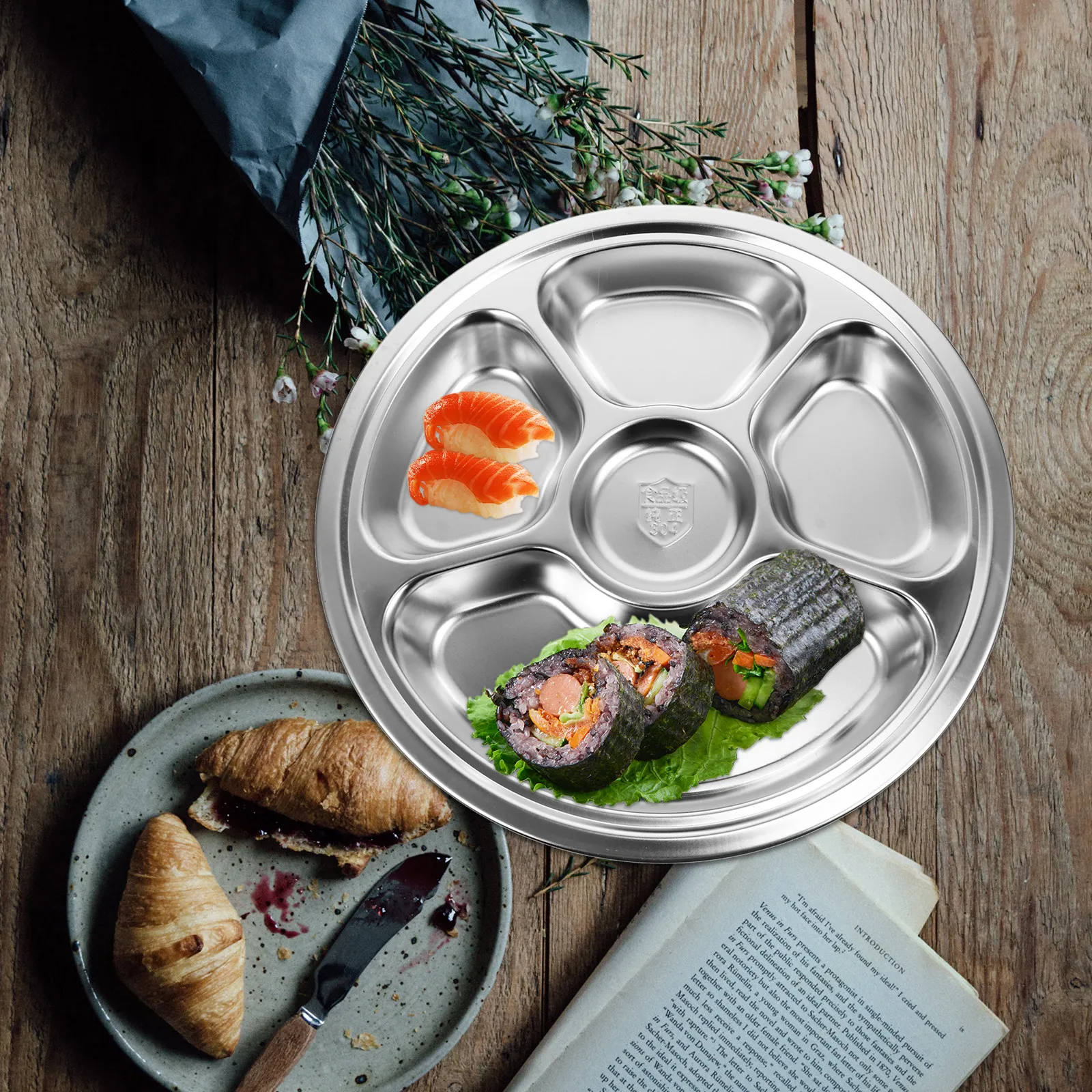 1Pcs Stainless Steel Food Divided Plate Dinner Compartment Tray Wear Resistant Safe for Portion Control Camping Picnic Kitchen