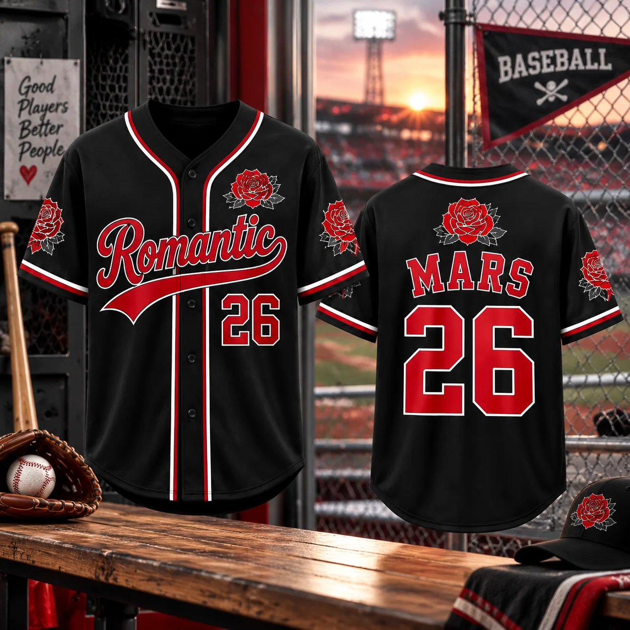 Men Romantic Mars 26 Rose Print Baseball Jersey, Short Sleeve Button Down Hip Hop Baseball Shirt, Streetwear Uniform Top for Con