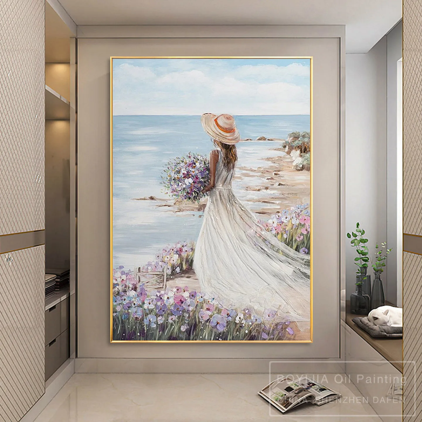 100% handmade abstract oil painting, canvas decorative painting, knife painting, texture beautiful woman picking flowers