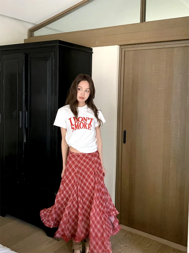 

Retro American Sle ort Sve T-irt Women's 2025 Summer New Sle ort Fit Small Top Vintage Lettering Casual Wear