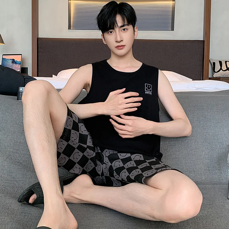 Men's Sleeveless Tank Tops with Shorts 2 Pcs Pajamas Set for