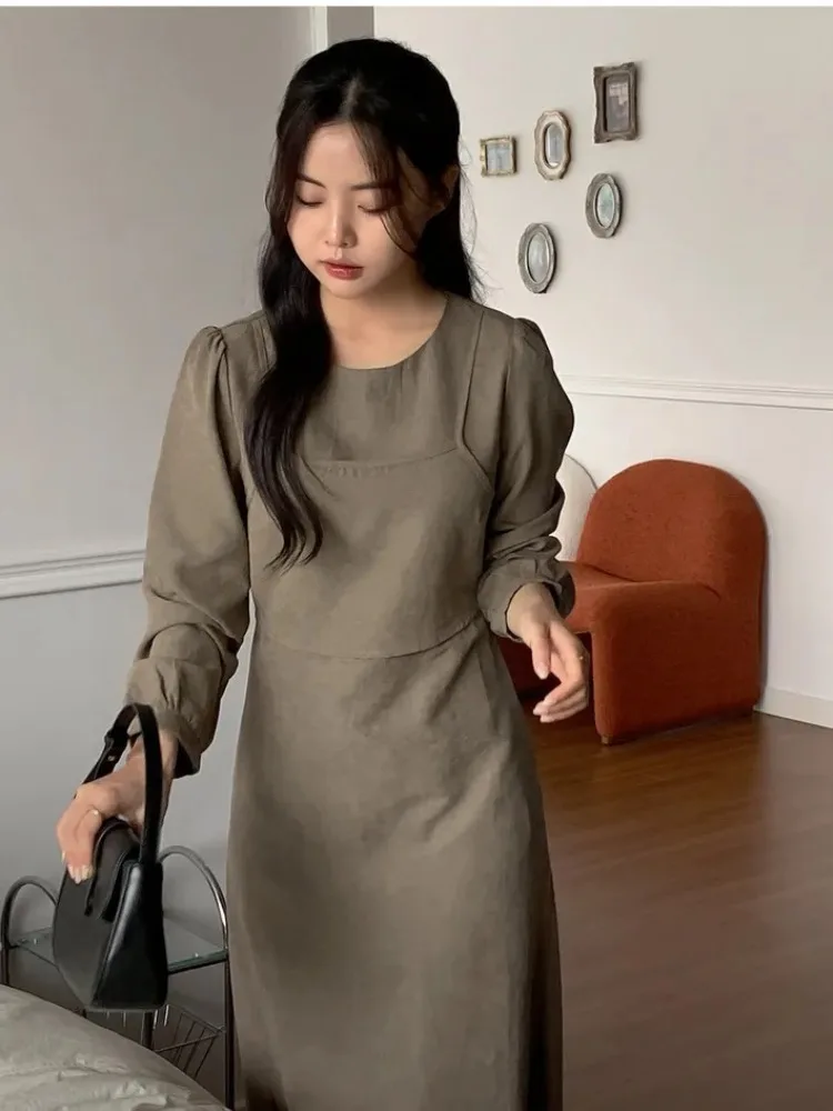 Korean Style Autumn Winter Dress Women's Soft Fleece Bubble Sleeve High Waist Midi Skirt Fashionable Elegant Inner Wear Dress