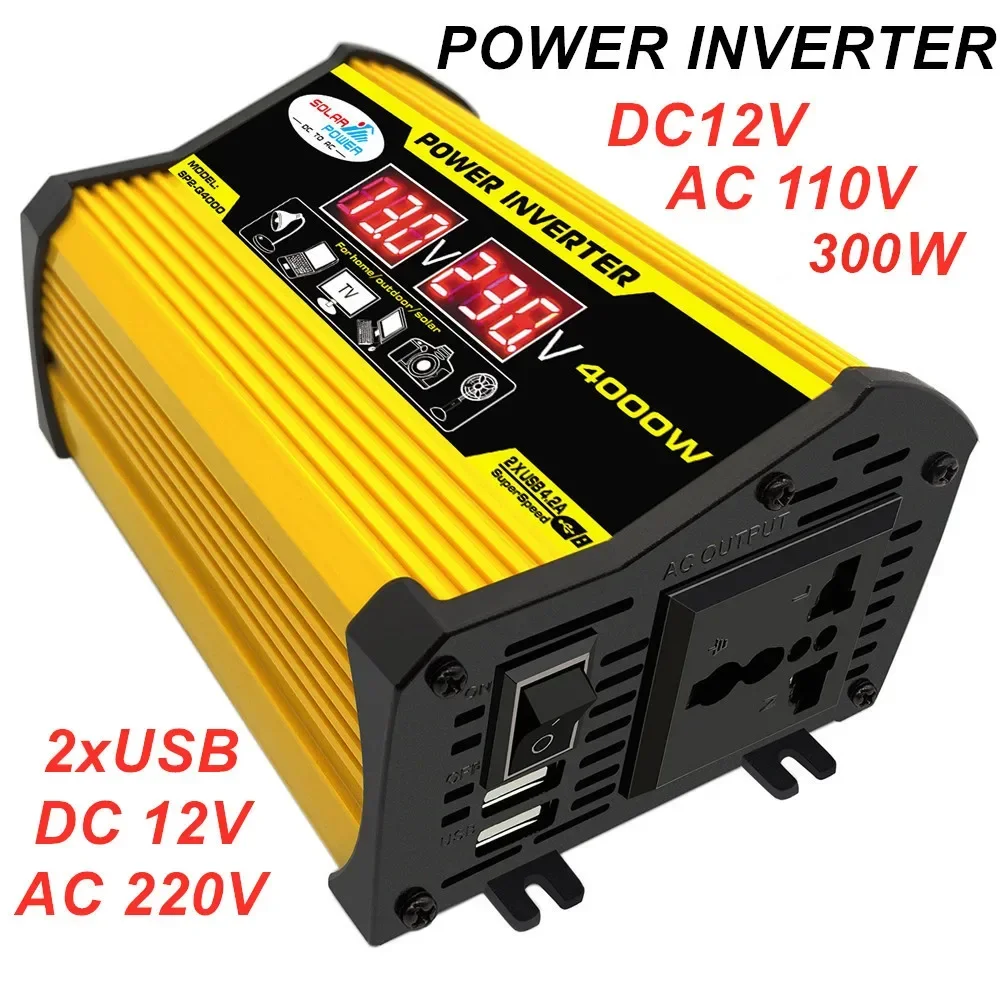 Car Power Inverter 12V to110V 120V 300W DC to AC  Solar Convertor Transformer Inversor with USB Voltage  LED Display