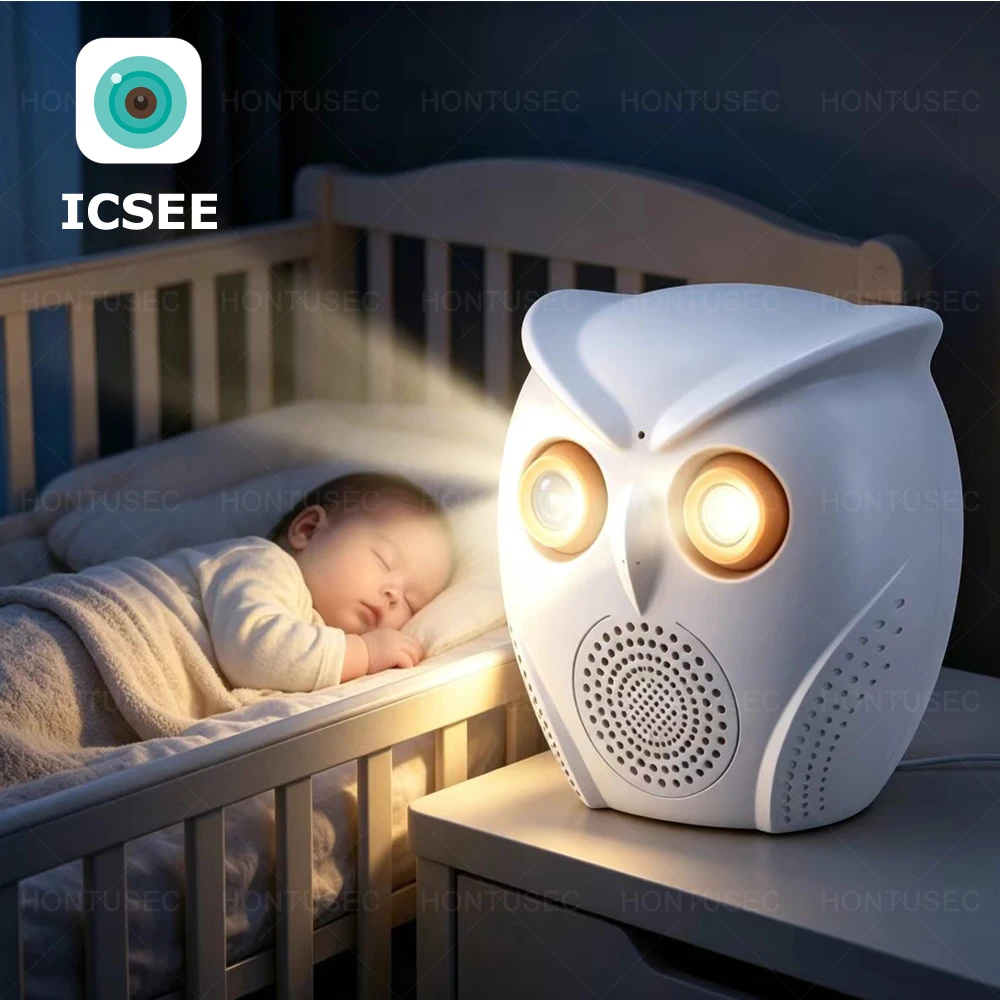 Камера ICSEE Owl Design 5MP WiFi с функцией обнаружения движения, миниатюрная внутренняя камера с цветным ночным видением, двусторонней аудиосвязью и беспроводным подключением.