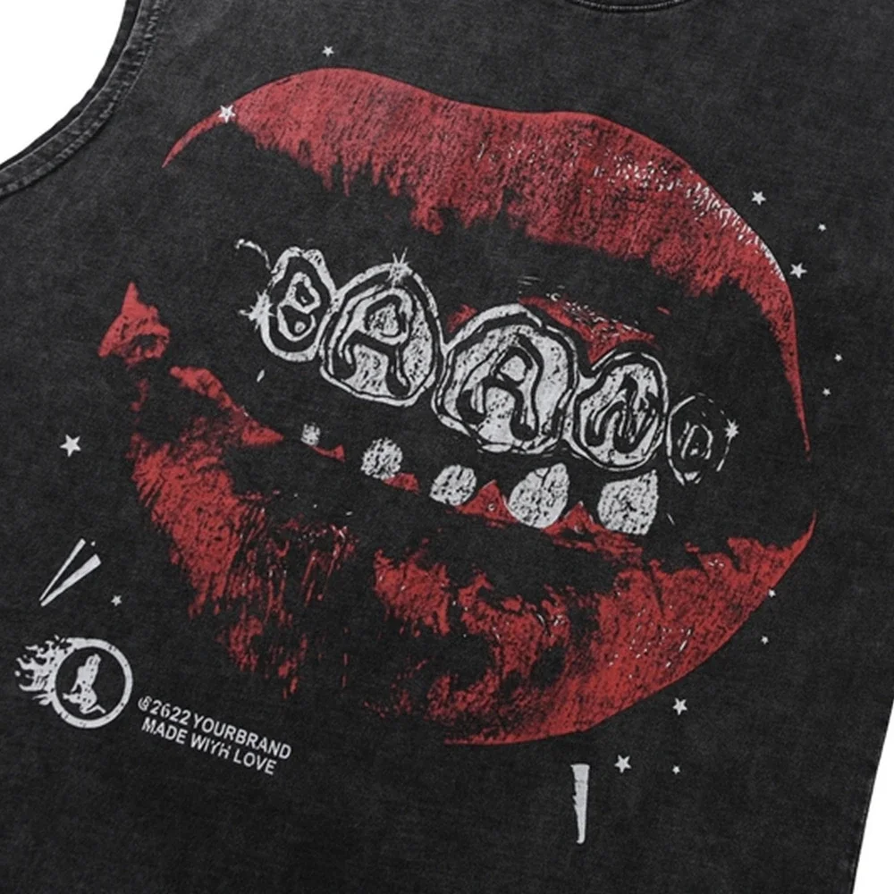 Lip Print Pattern Washed T Shirt Vintage Loose Tank Top Casual Sleeveless Cotton Tshirt Hip Hop Streetwear Oversize Tops Vest