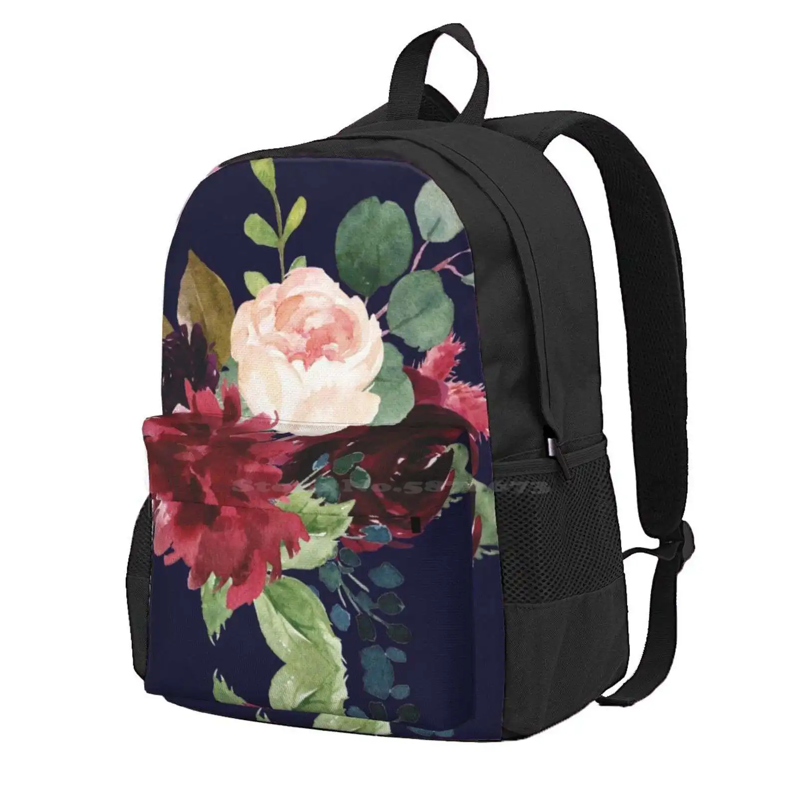 Navy, Burgundy And Blush Floral Art With Eucalyptus Hot Sale Schoolbag Backpack Fashion Bags Navy Flowers Blush Flowers