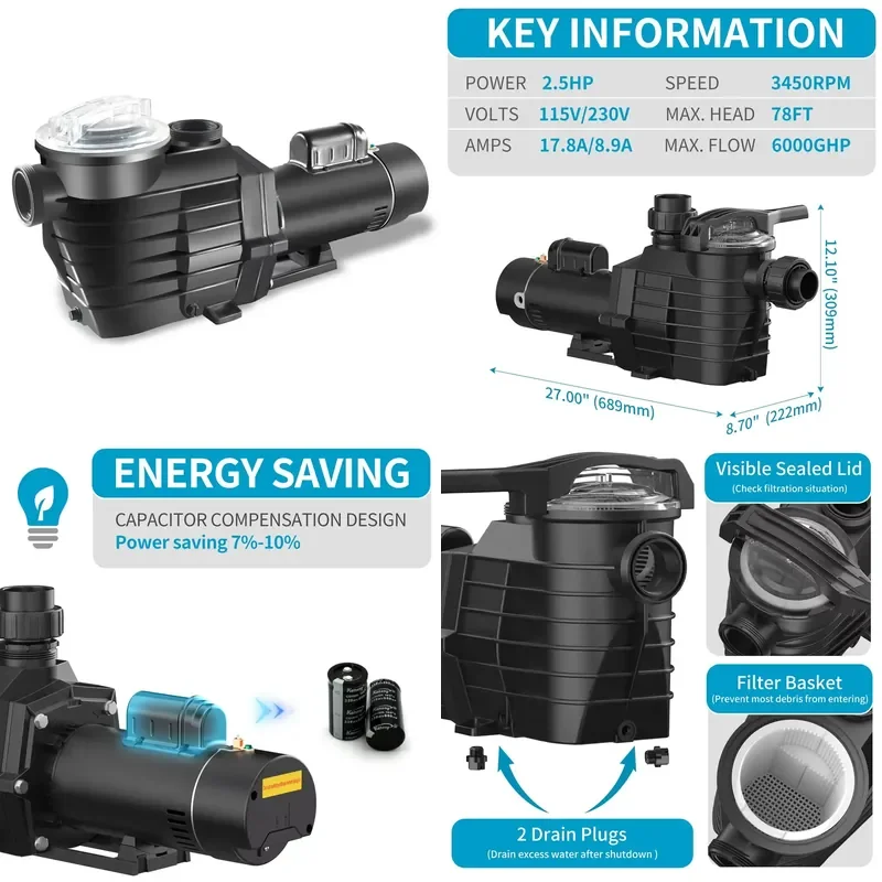 STROVAN J25006E 2.5HP Powerful Dual Volt Pool Pump 115/230V 60Hz DoE ETL Listed Ultra Quiet 2 Inch for Inground Pool Spa