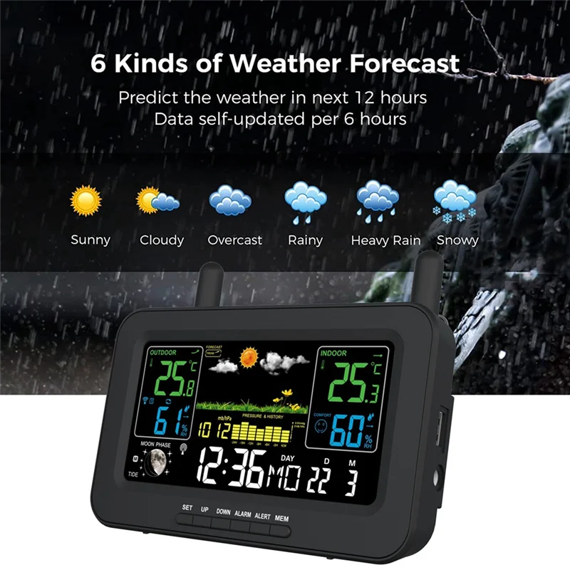 A37T-Color Screen Digital Weather Station Sunrise And Sunset Thermometer Hygrometer With Wireless Outdoor Sensor EU Plug