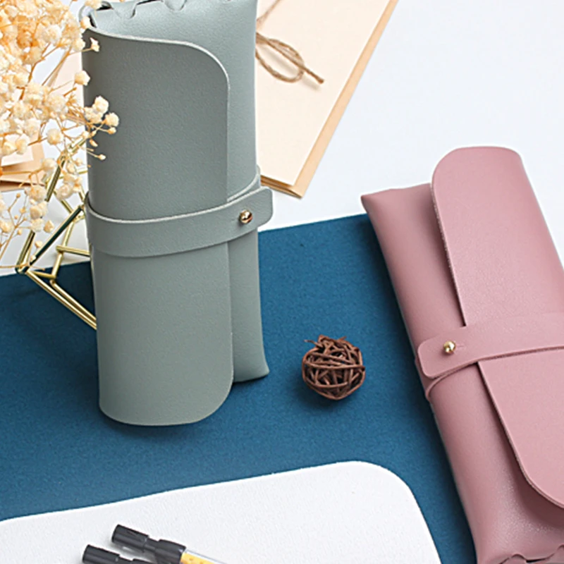 1pc Simple  Pen Holder PU Leather Pencil Bag  Vintage Style Roll Pencil Case Pencil Bag School Office Supplies