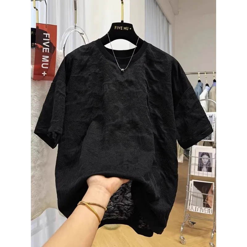 Women's  Summer New Vintage Loose Round Neck Jacquard Lace Short Sleeve T-Shirt