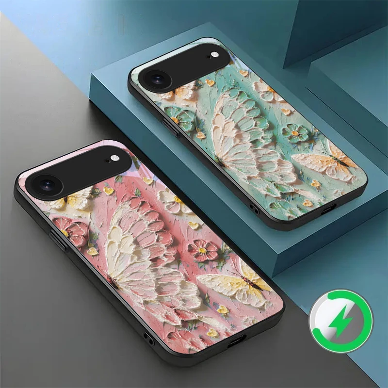 

oil painting butterfly suitable for iPhone 17 Pro Max 16E 15 Pro 14 13 Plus 12 mini 11 XR Xs 7 8 16 Air black Glass Phone Case