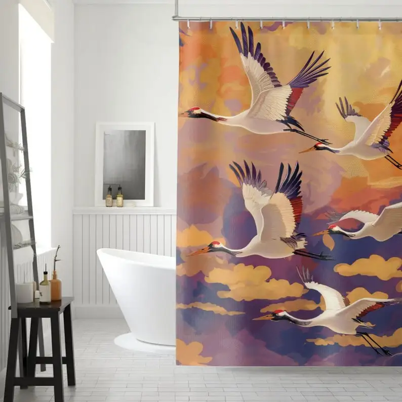 Cranes in Flight Shower Curtain: Elegant Bird Design, Serene Sky