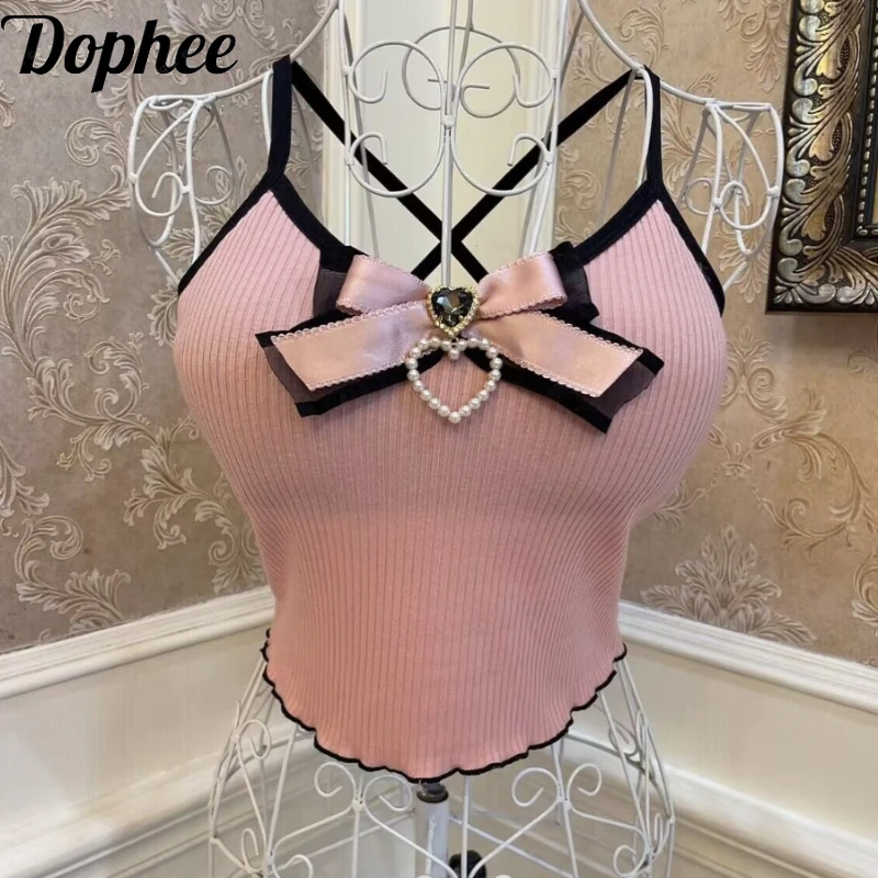 

Dophee Original Lolita Tanks Top Women Pearl Love Diamonds Bow High Waist Exposing Navel Basic Camis Spice Girls Slim Camisole